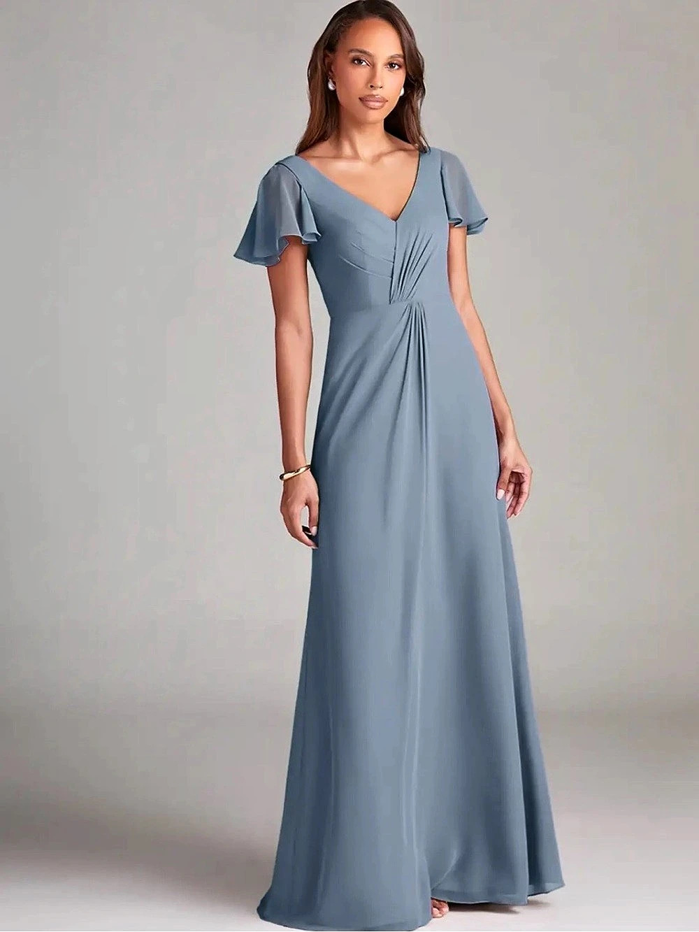Azazie Soren Flutter Sleeve Maxi Dress in Dusty Blue Size A8